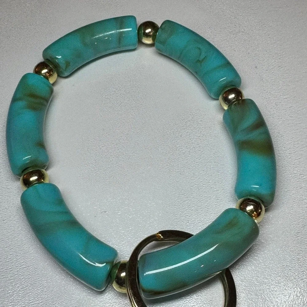 Turquoise‎ Beaded Keychain Bracelet Gold Tone Clasp Bag Charm